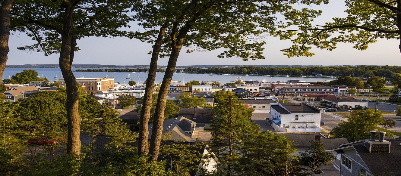 Overshot view of the Harbor Springs Bluff. Far away view from First Community Bank with beautiful trees.